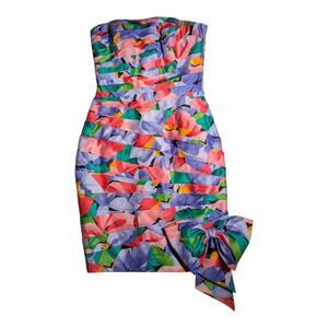 Vtg 1980s AJ Bari Purple Pink Floral Pleated Cotton Strapless Bow Mini Dress 4